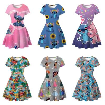 Kinder Mädchen Lilo Stich Cartoon Prinzessin Kurzarm Rock Fancy Kleid Geschenk