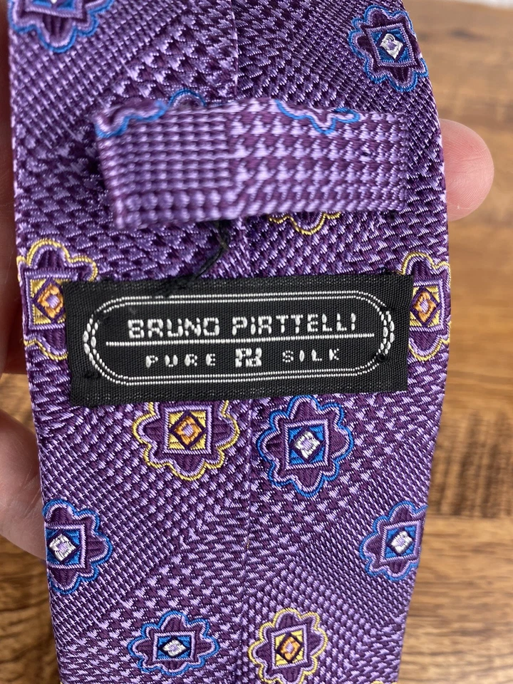 Corbata de cuello Bruno Piatelli hecha a mano 100 % seda púrpura azul y dorado Foto 4 de 4