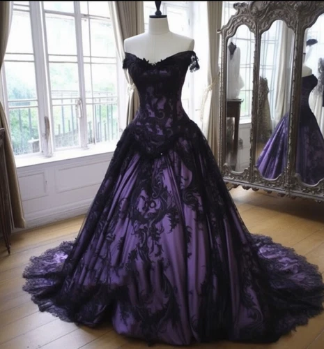 Gothic Black Purple Wedding Dresses Strapless Lace Applique Long Bridal Gowns- - Picture 2 of 6