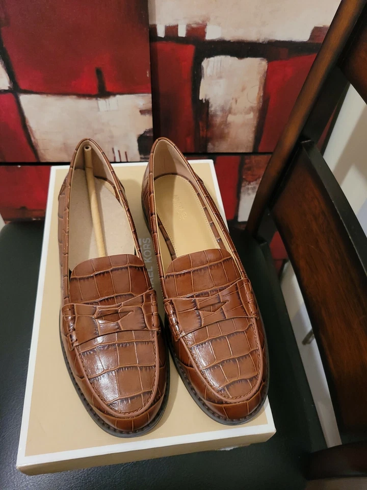 Michael Kors Leather Embossed Buchannan Loafers, Brown, Size 8.5, Good Condition
