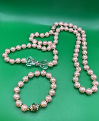 Heidi Daus Necklace Bracelet Pink Faux Pearl Crystal Jewelry Set Disney 