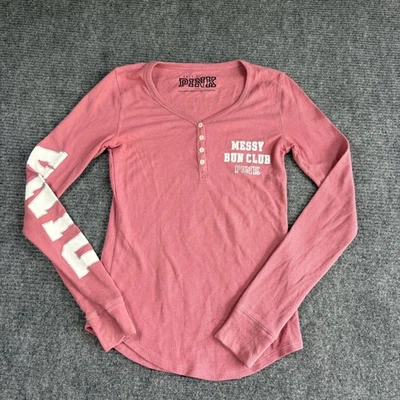 PINK Victoria's Secret Messy Bun Club Henley Thermal Waffle Top Pink Small - Image 1 of 4