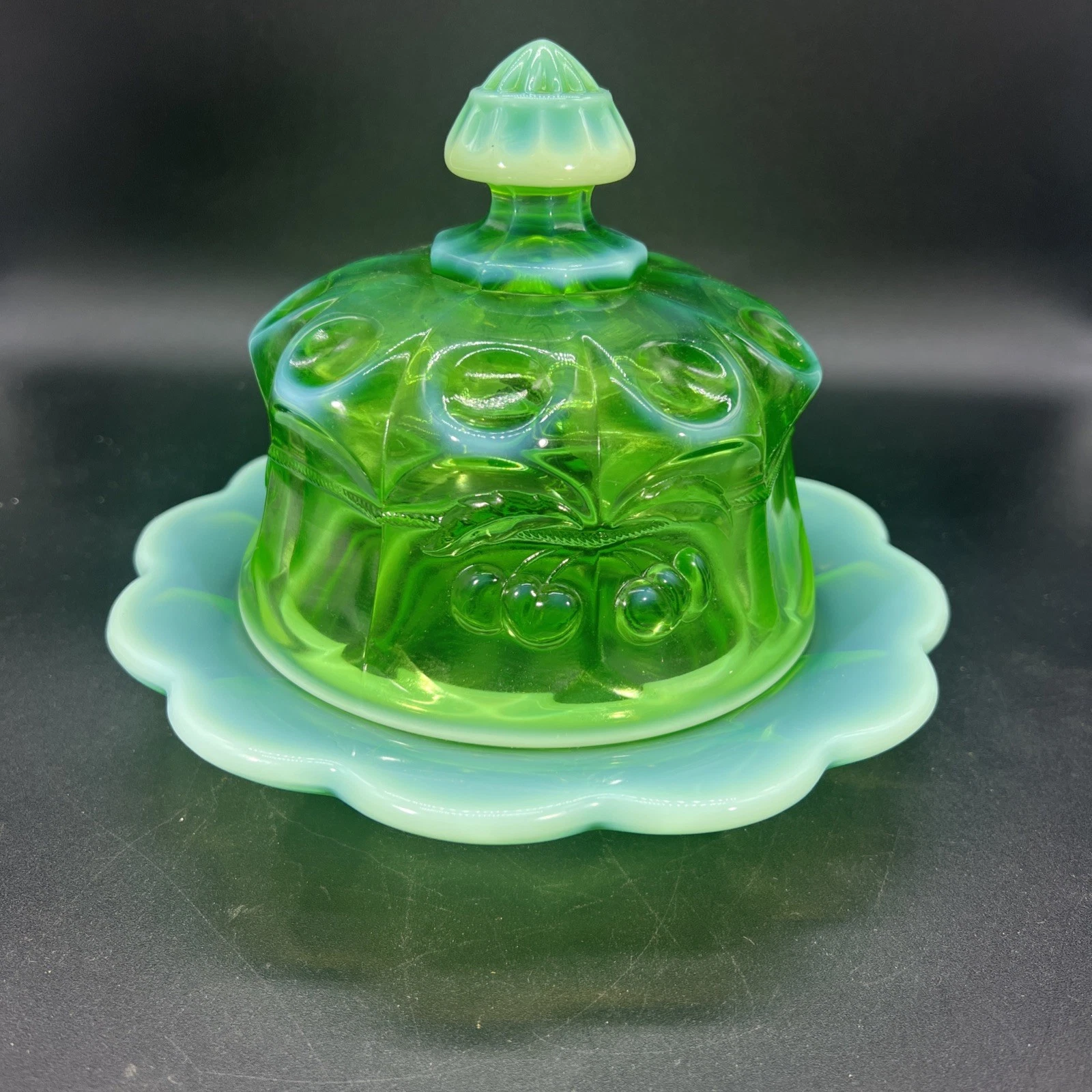 Cherries & Cable Opalescent Butter Caviar Dish Moser Glass Thumbprint Green