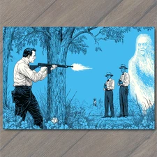 Art Print Man Shooting Ghostly Agents Bright Blue Forest Surreal Weird Strange G