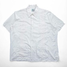 Vintage 90s Guayabera by Haband White Embroidered 4 Pocket Cuban Shirt Made in K
