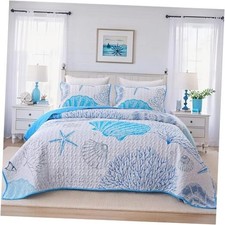 Coastal Quilt Set Beach Coverlet Blue Starfish Coral Seashell Queen Light Blue