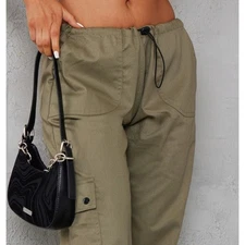 NWT Pretty Little Thing dark khaki cargo pants drawstring junior's size 1