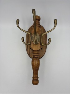 Vintage Oak And Brass Wall Mounted Coat Rack With Turned Oak Post