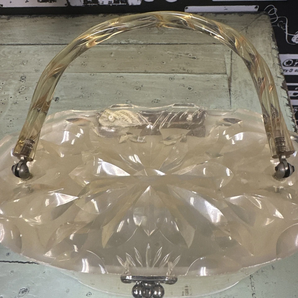 Lucite Vintage Tall Purse Carved Top Pearl Cover 1950s Handbag - Image 3 of 4