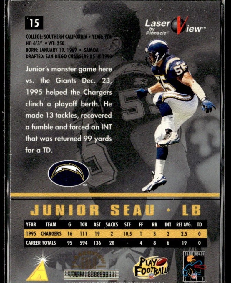 1996 Pinnacle Laser View #15 Junior Seau Gold - Image 2 of 2