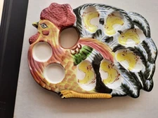 Vintage Ceramic Chicken Hen Deviled Egg Platter Hand Painted Serving Tray