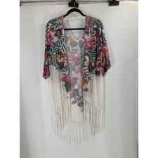 Xhilaration Tropical Fringe Colorful Open Kimono Beach Women  s Small Sheer
