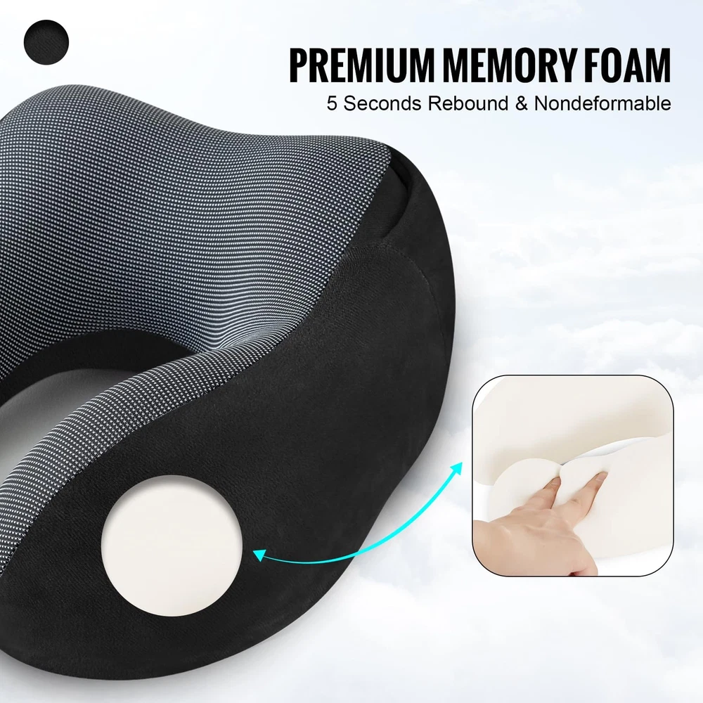 Memory Foam Travel Neck Pillow with Hood for Airplane Comfort in Black