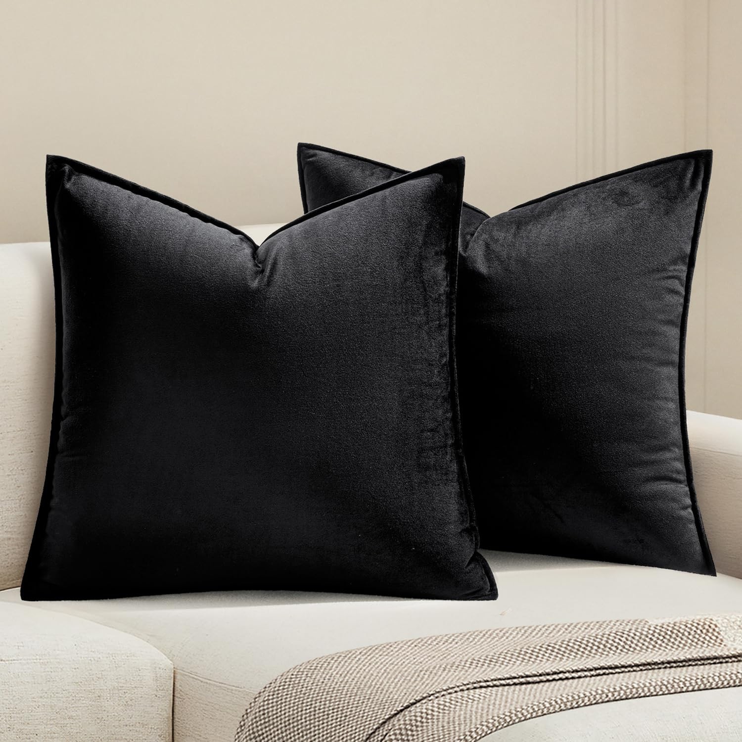 Black Velvet Throw Pillow Covers 18x18 Soft Decorative Solid Square Cushion C...
