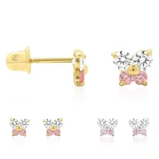 14K Yellow White Gold CZ Pink Tourmaline Butterfly Stud Earrings