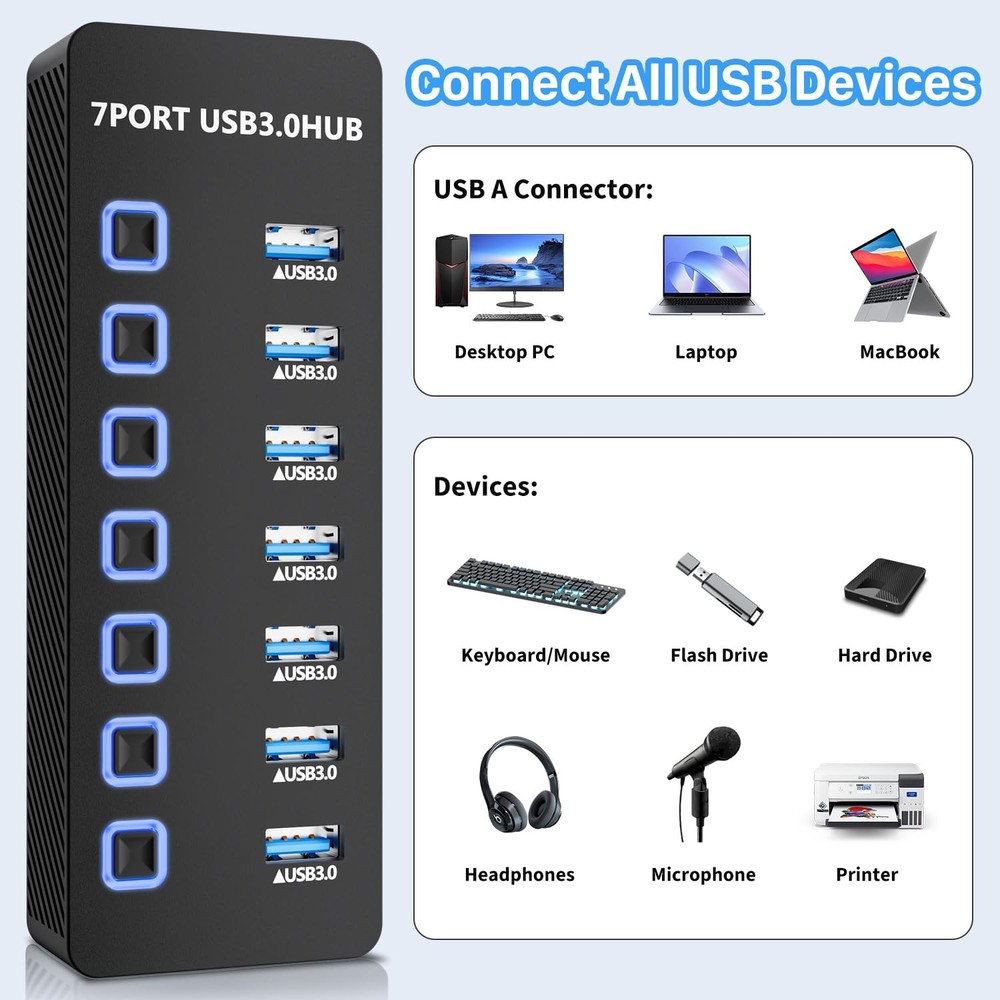 7-Port USB 3.0 Hub with Individual LED On/Off Switches & Fast Data Transfer