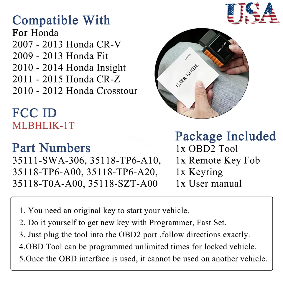 For Honda Fit CR-V CR-Z Insight Crosstour Remote Key Fob 3 Button + Program Tool - Image 2 of 4