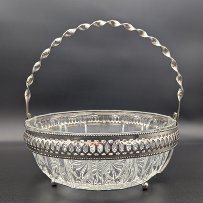 Reims France Crystal Bowl & Silver Plate Basket / Handle Eales of Sheffield VTG