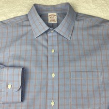 Brooks Brothers Dress Shirt Mens 17-36 Blue w/Red Checks Madison Fit No Iron