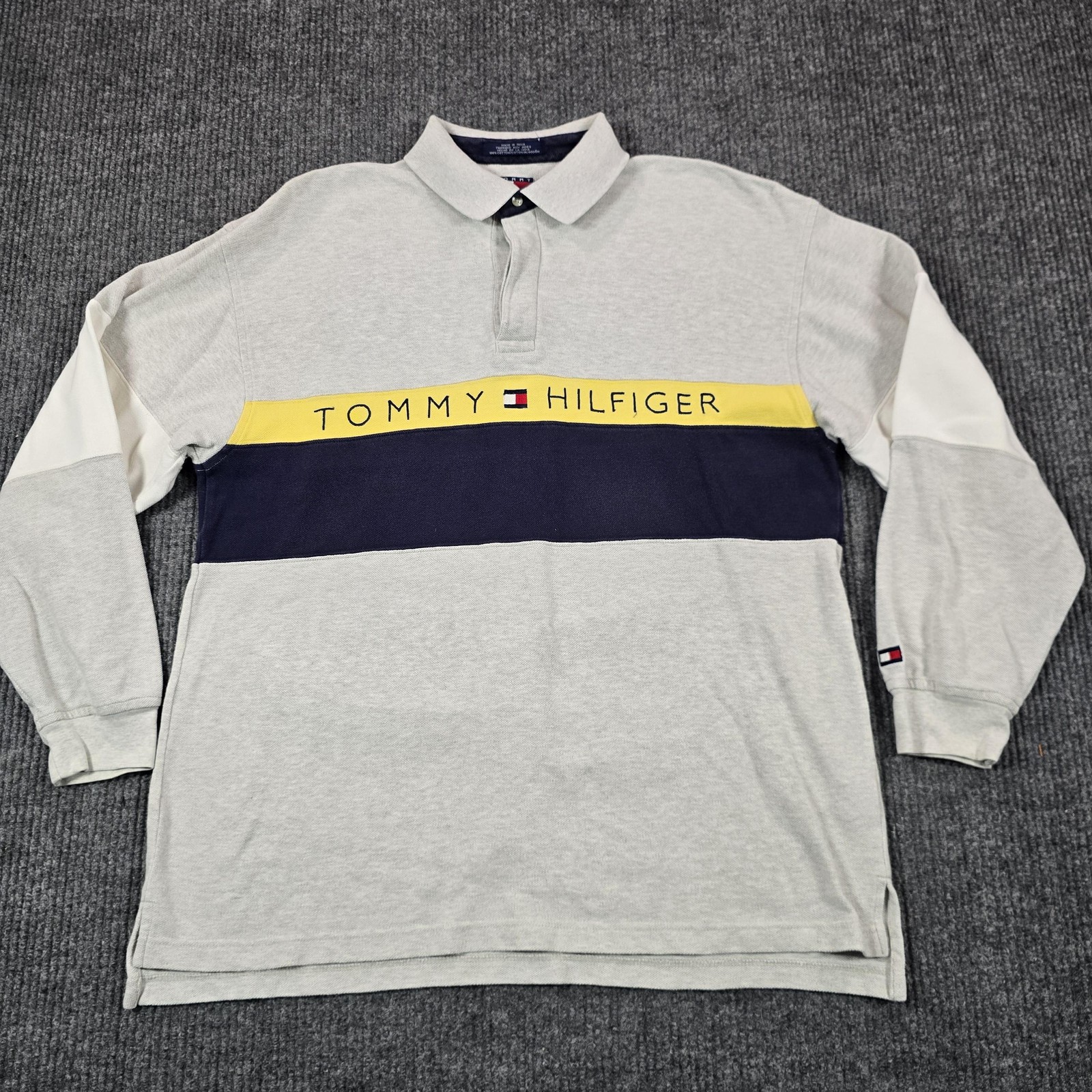 VTG Tommy Hilfiger Rugby Polo Shirt Mens Large Spellout Colorblock Logo Cotton thumbnail 2