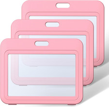 ID Badge Holder with Double-Sided Windows Horizontal Hard Plastic Case Pink Card