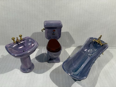 #ad Dollhouse Mini Porcelain Bathroom Set Toilet Tub Washbasin Purplish Bluish VTG $33.74