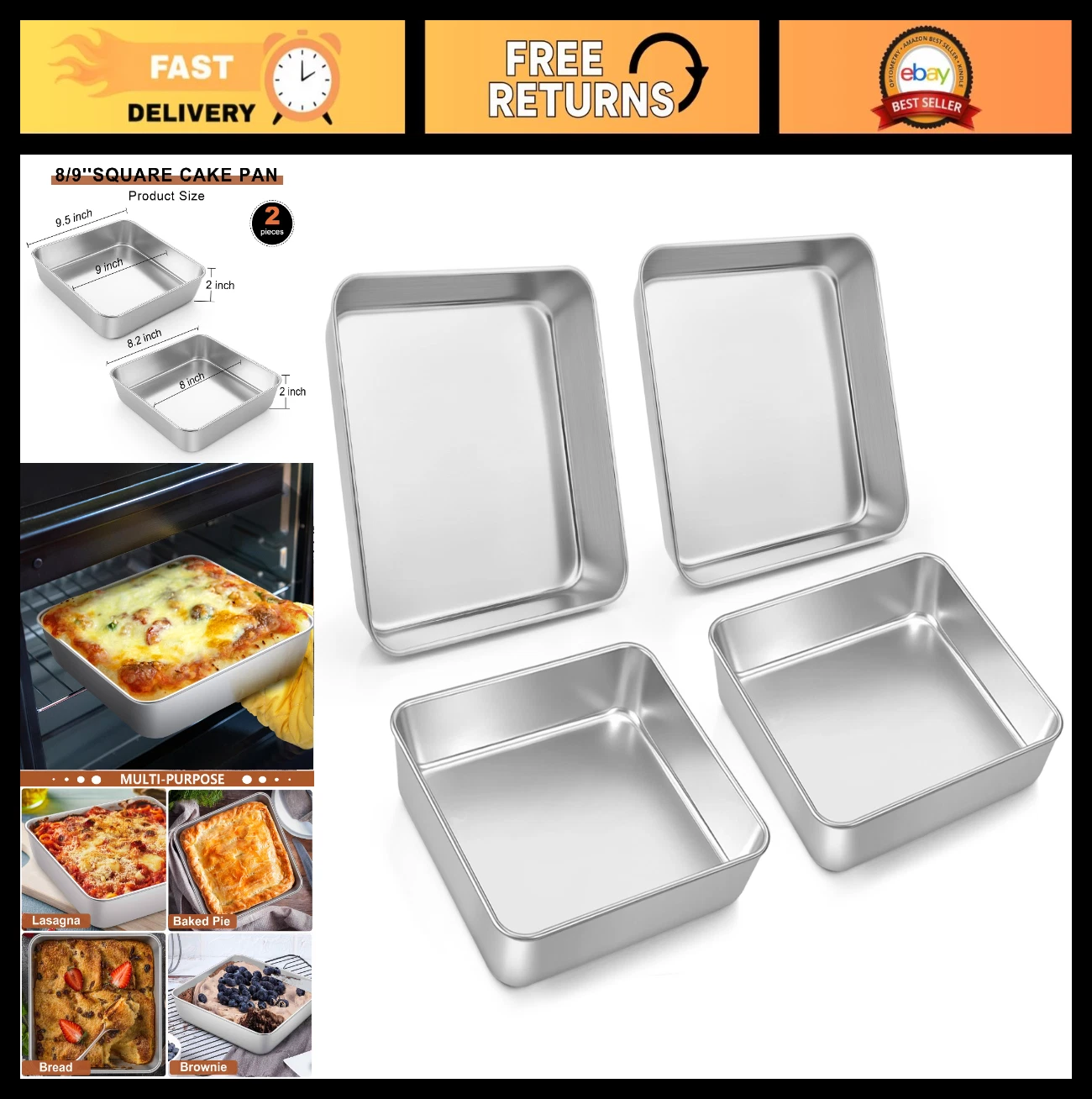 4 Pack Square Baking Cake Pans - 8/9 Inch Stainless Steel Bakeware Set, Oven & D
