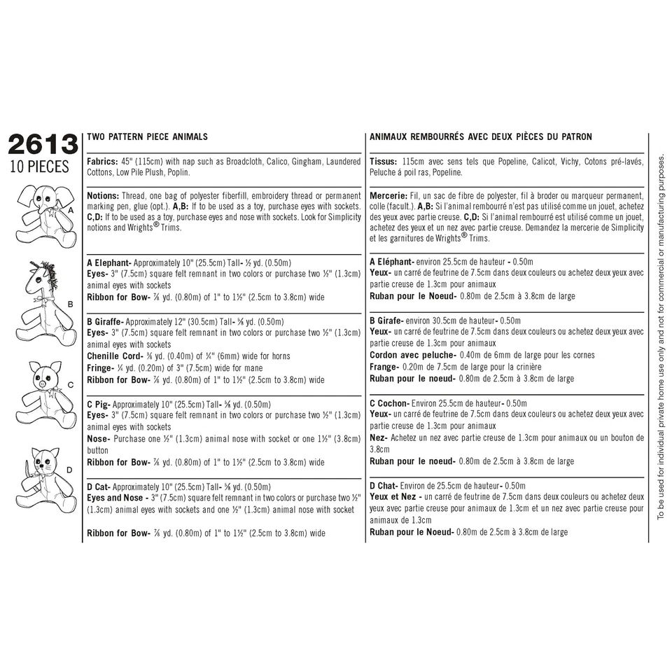 Simplicity 2613 STUFFED TOYS Elephant Giraffe Pig Cat Sewing Pattern 10-12" tall - Image 2 of 4