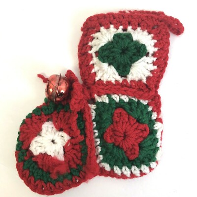 Granny Square Christmas Stocking With Bell Red Green White Handmade Crochet Gift