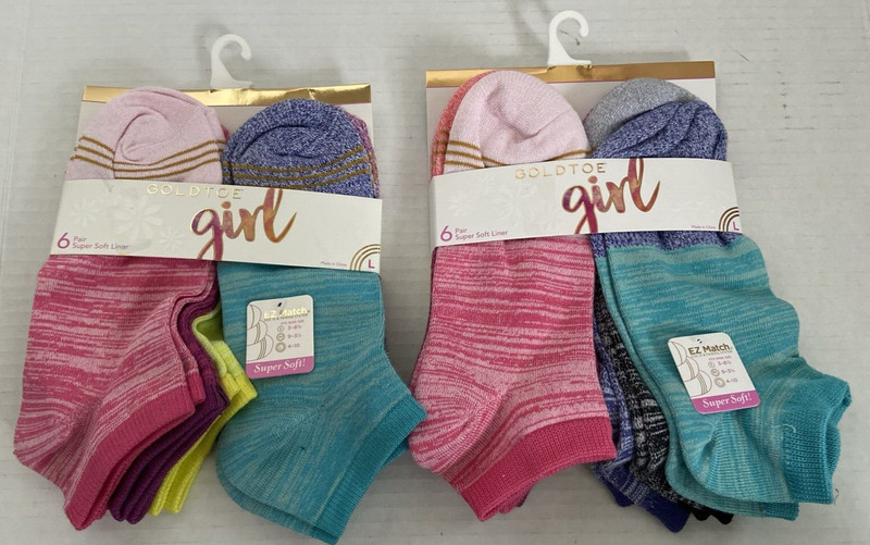 12 Pairs (2 packs of 6) Girl's GoldToe Socks Liner Size Large Shoe 4-10 3 rings