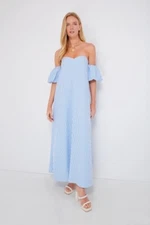 Pomander Place by Tuckernuck Blue Stripe Kenner Maxi Dress sz M Off-the-Shoulder
