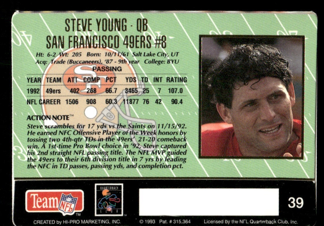 Steve Young San Francisco 49ers #39 1993 Action Packed Football
