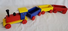 Vintage 31 "Painted 4 Piece Pull Toy Wooden Train 1980's Red Yellow Blue