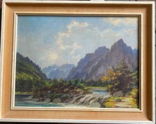 Karl Vucovic (1897-1973) Oil Painting Summer Mountain River with Waterfall