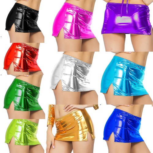Women Shiny Metallic Liquid Side Split 