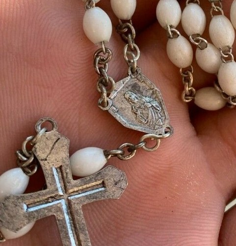 Vintage White Silver Rosary Mother-of-Pearl White Oblong Beads 1920s France †⭐ - Picture 7 of 8