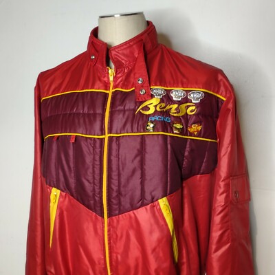 Vintage 80s Benso Racing NHRA Satin Cafe Racer Jacket Red Yellow with Pins