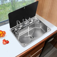 RV Sink Kitchen Sink with Hot&Cold Faucet and Tempered Glass Lid Stainless Steel