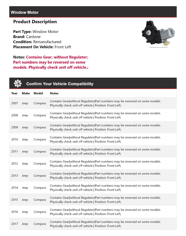 Motor de ventana delantero izquierdo Cardone 2008 2009 2010 2011 Jeep Compass 2007-2017 Foto 2 de 4