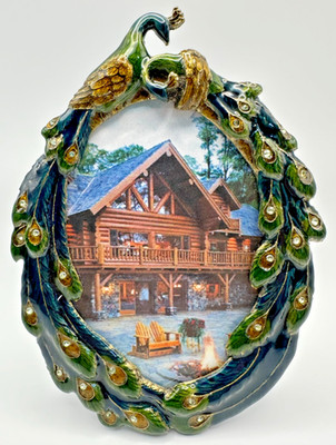 Peacock Enameled Jeweled Metal Ornate Picture Photo Frame