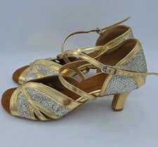 Women's Salsa Dance Shoes Latin Bachata Ballroom Gold Glitter Satin Very fine