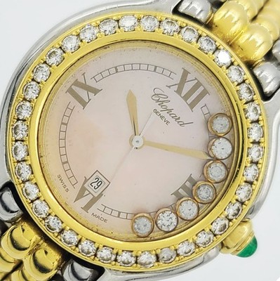 Chopard Happy Sport Ladies 32mm SS & 18k Gold W/ Diamonds & Emeralds 27/8237!!