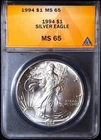 1994 $1 American Silver Eagle  ANACS MS 65