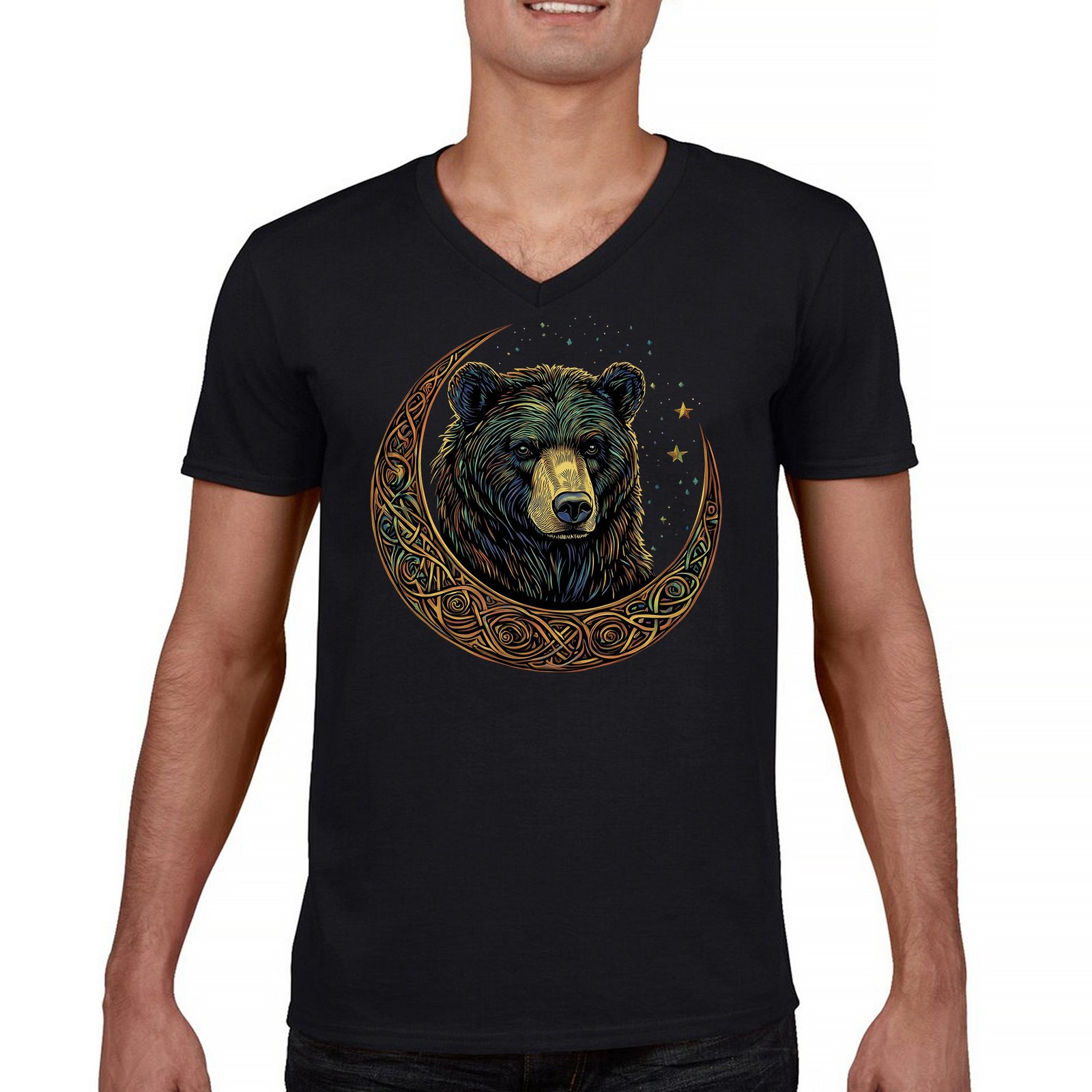 ALTRA T shirt scollo a V orso luna celtico foresta mistica animale fauna selvatica maglietta celeste