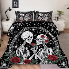 Red Rose Skull Bedding Set for Teens Adults Women Size, 1 Queen Skull Rose 01