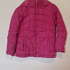 Girls Pink Hooded Quilted Puffer Jacket Fleece Lined Full Zip Pockets Size M