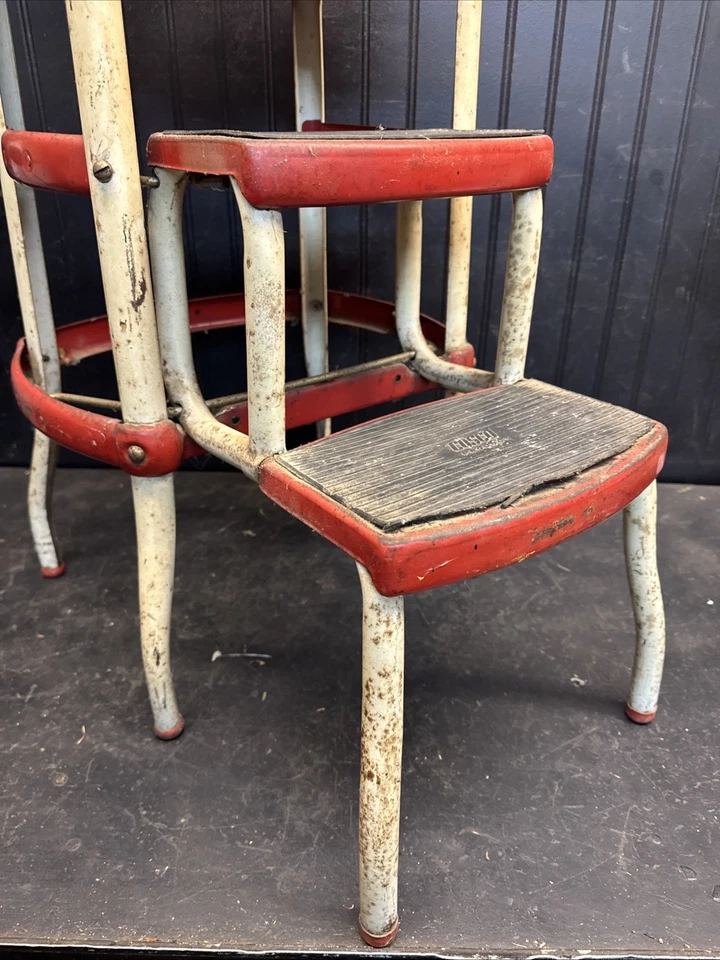 Primitive Century Cosco Retro Style Farmhouse Counter Chair/Step Stool Red White - Image 3 of 4