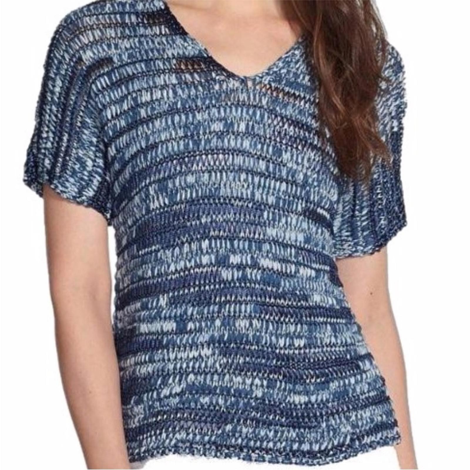 Eileen Fisher Sweater Top V-Neck Ribbon Tape Knit Blue Brushstroke Small Petite