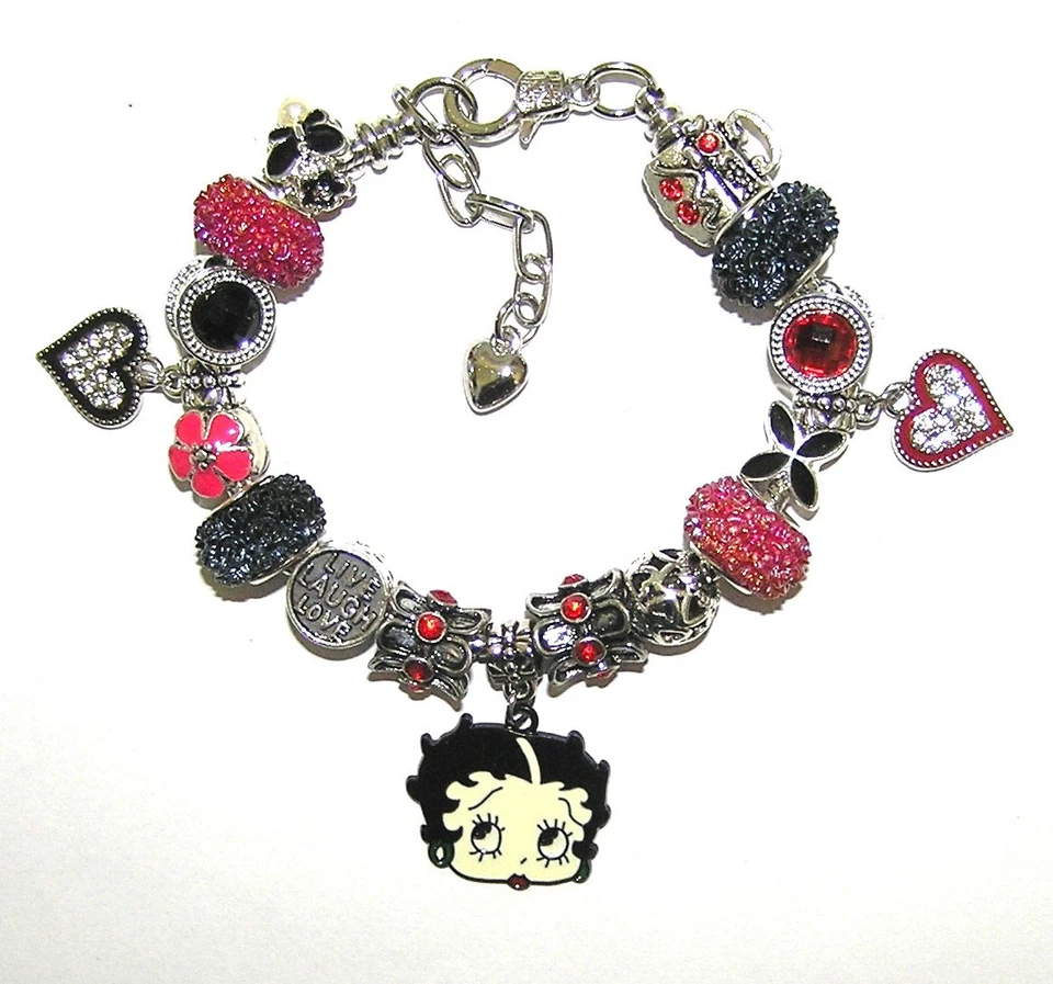 Pulsera Betty Boop con cuentas y dijes europeos rojos y negros, cristales, mini cartera Foto 2 de 4