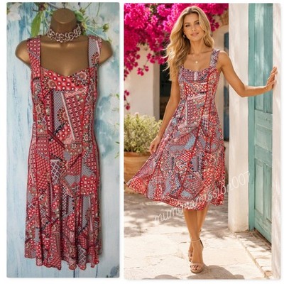 Römisches Patchwork Panel Kleid Gr. 16 rot marine elfenbein Stretch Sommer Anlass Kleid